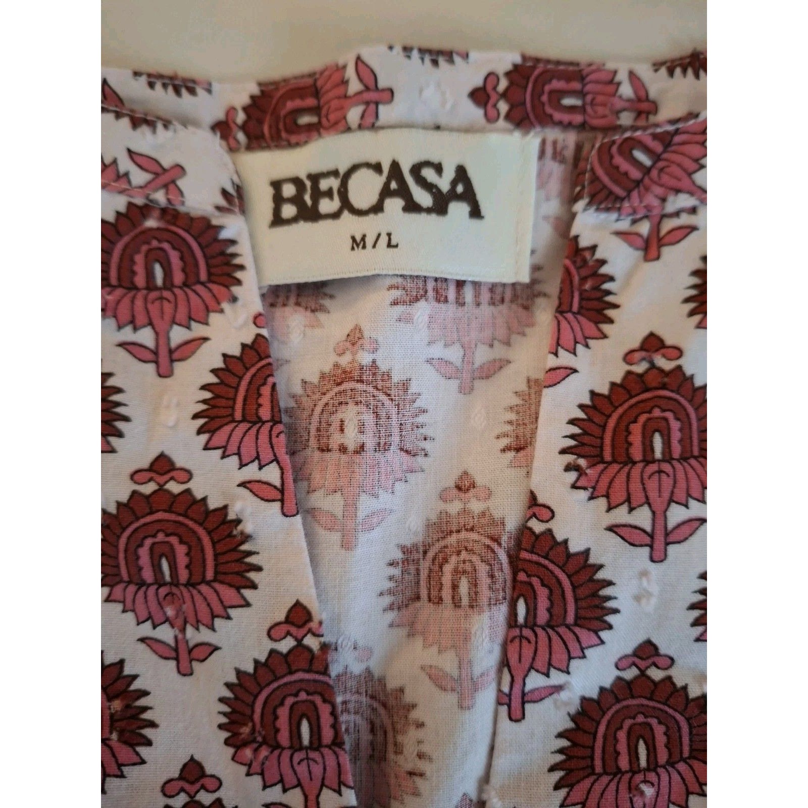 Becasa Dress Womens M/L Burgundy Pink Floral Block Print Cotton Boho Euc — image 7 of 8